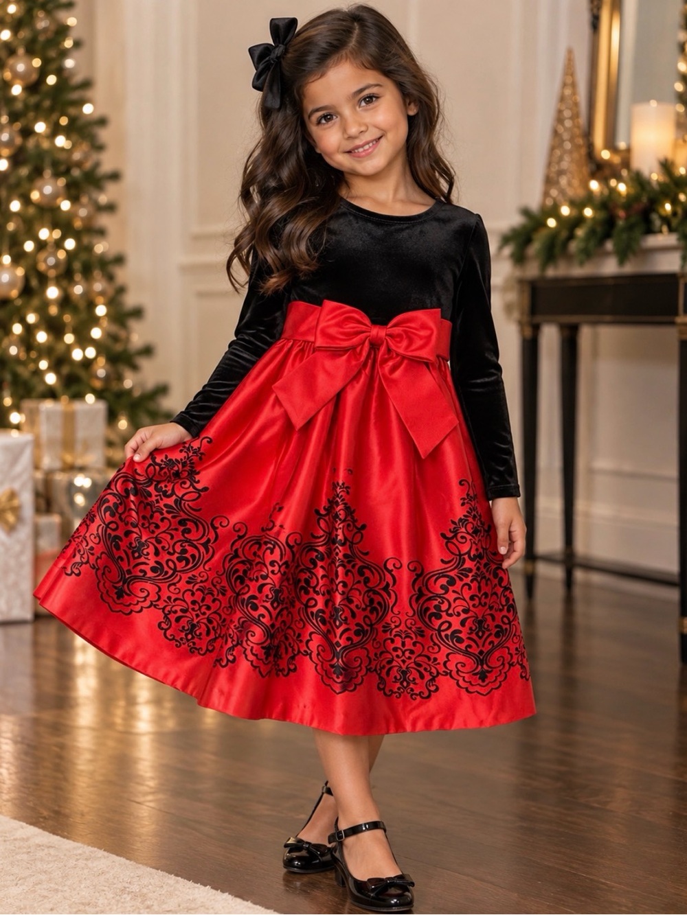 Rare Editions Black Velvet & Red Satin Bow Holiday Dress - pretty Little Girl 6X